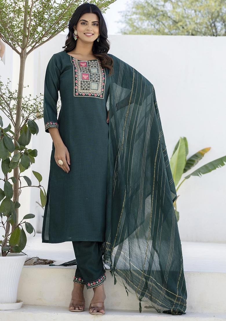 Teal Embroidered Cotton Blend Kurta Set With Dupatta