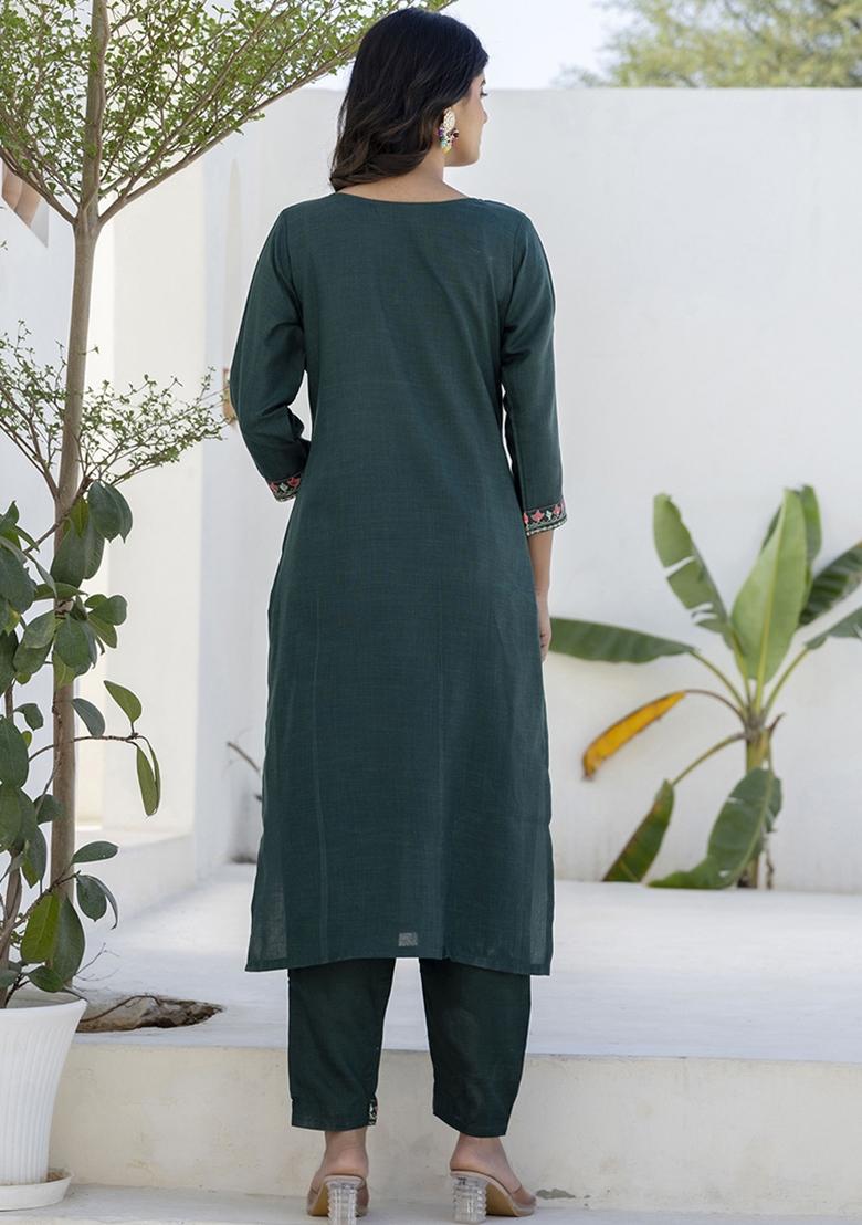 Teal Embroidered Cotton Blend Kurta Set With Dupatta - Indya