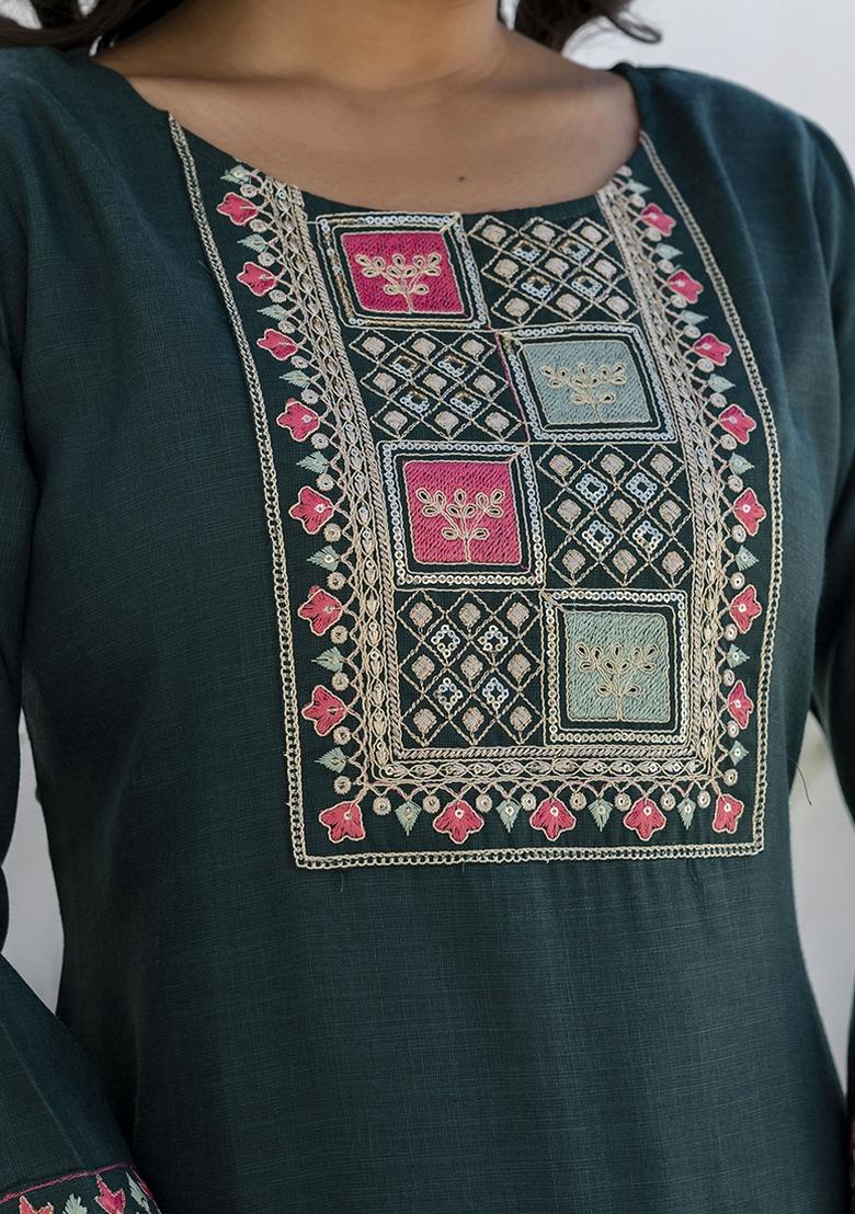 Teal Embroidered Cotton Blend Kurta Set With Dupatta - Indya