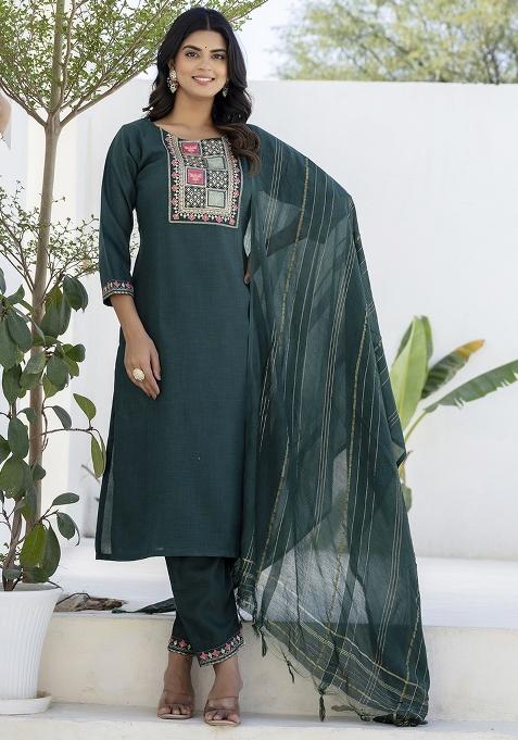 Teal Embroidered Cotton Blend Kurta Set With Dupatta