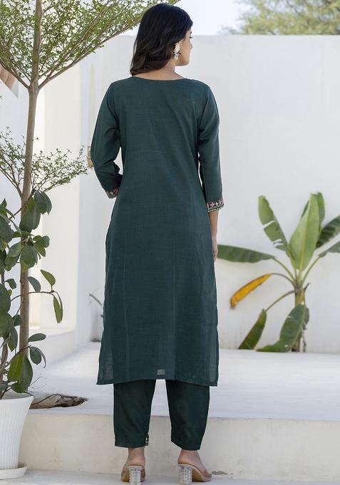 Teal Embroidered Cotton Blend Kurta Set With Dupatta