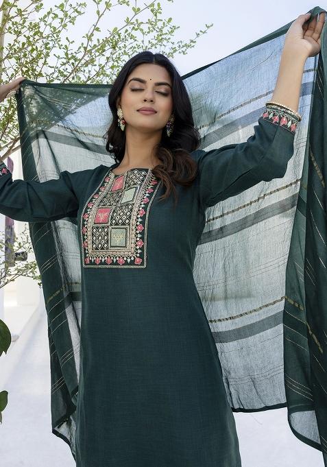 Teal Embroidered Cotton Blend Kurta Set With Dupatta