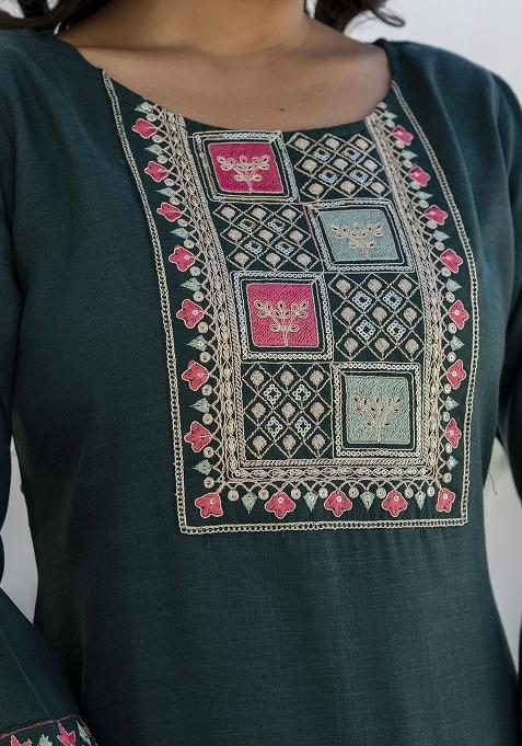 Teal Embroidered Cotton Blend Kurta Set With Dupatta