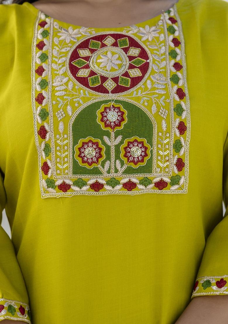 Lime Green Embroidered Cotton Blend Kurta Set With Dupatta - Indya