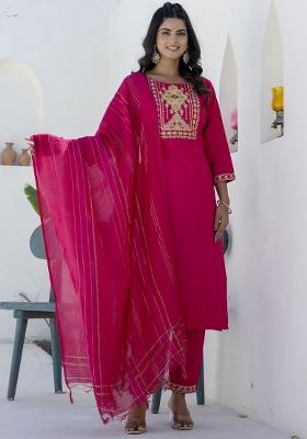 Rani Pink Embroidered Cotton Blend Kurta Set With Dupatta