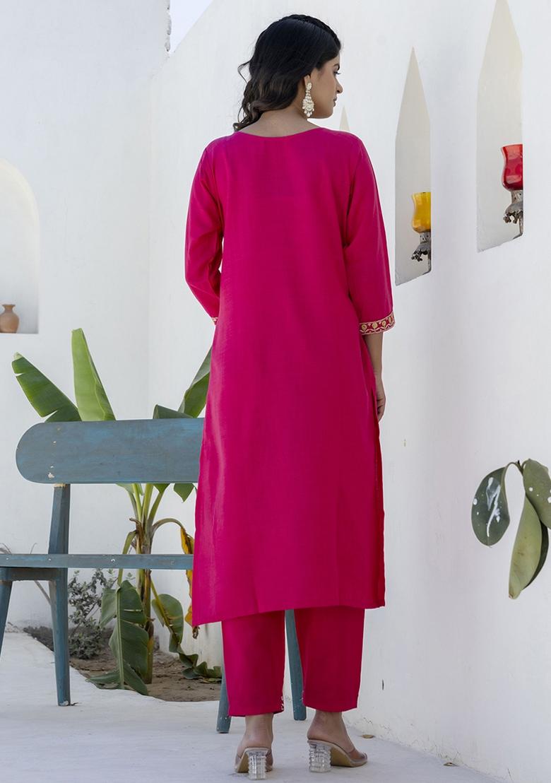 Rani Pink Embroidered Cotton Blend Kurta Set With Dupatta - Indya