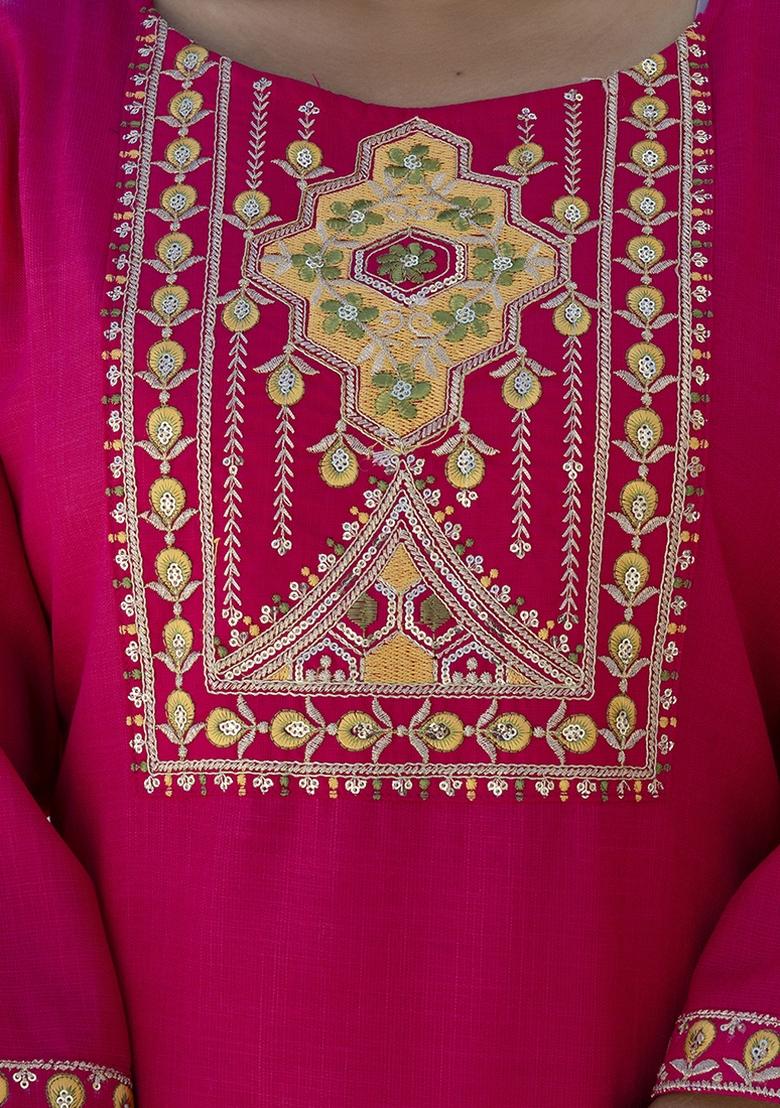 Rani Pink Embroidered Cotton Blend Kurta Set With Dupatta - Indya