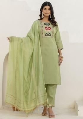 Pista Embroidered Cotton Blend Kurta Set With Dupatta
