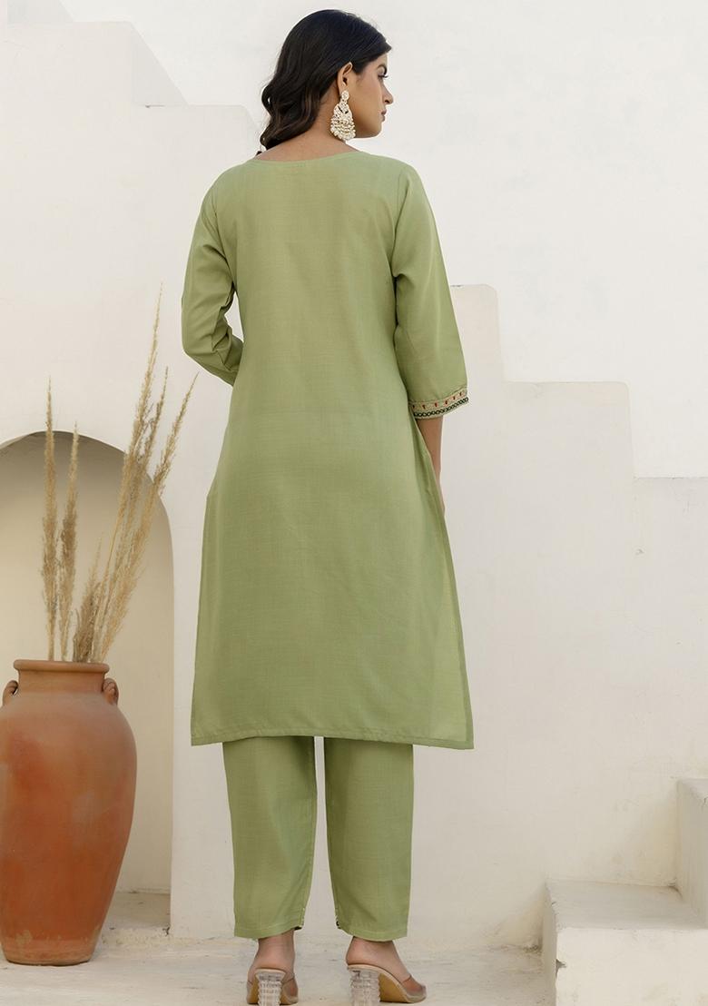 Pista Embroidered Cotton Blend Kurta Set With Dupatta - Indya