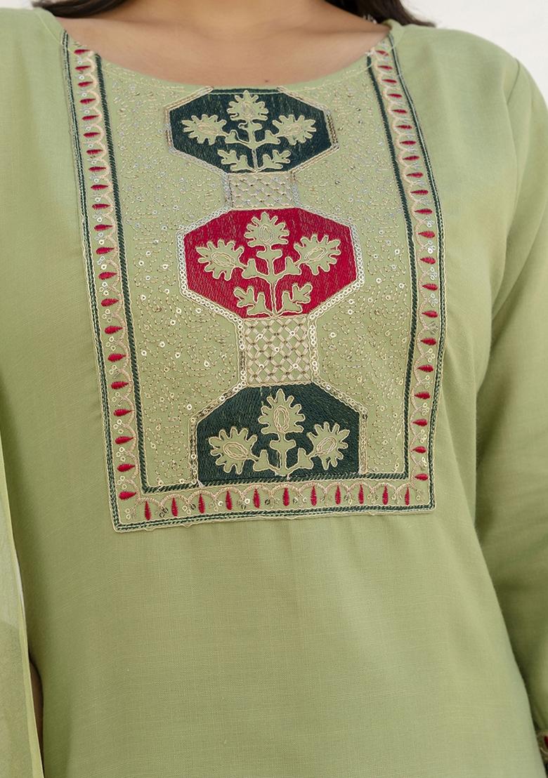 Pista Embroidered Cotton Blend Kurta Set With Dupatta - Indya