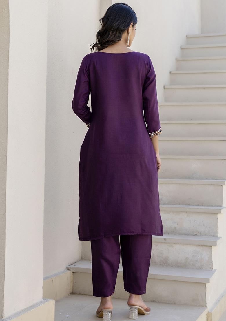Violet Embroidered Cotton Blend Kurta Set With Dupatta - Indya