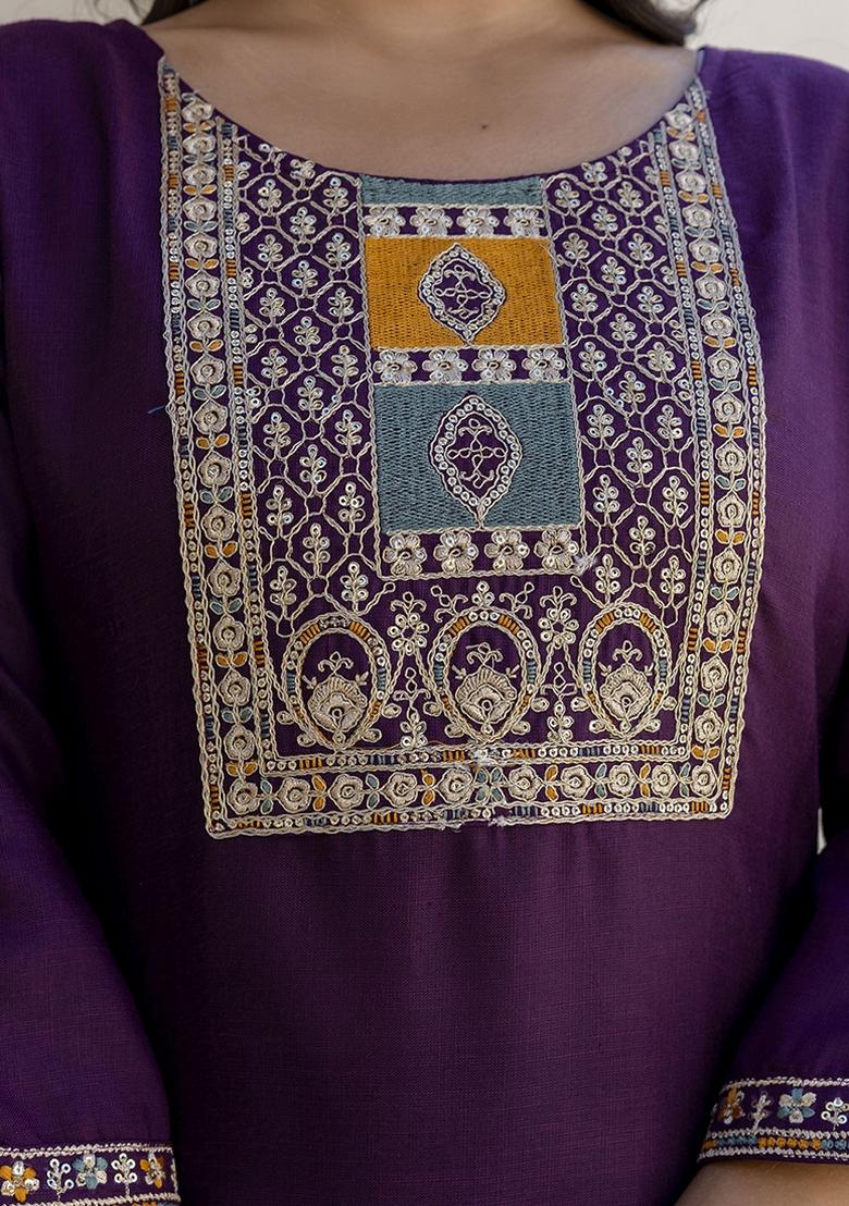 Violet Embroidered Cotton Blend Kurta Set With Dupatta - Indya