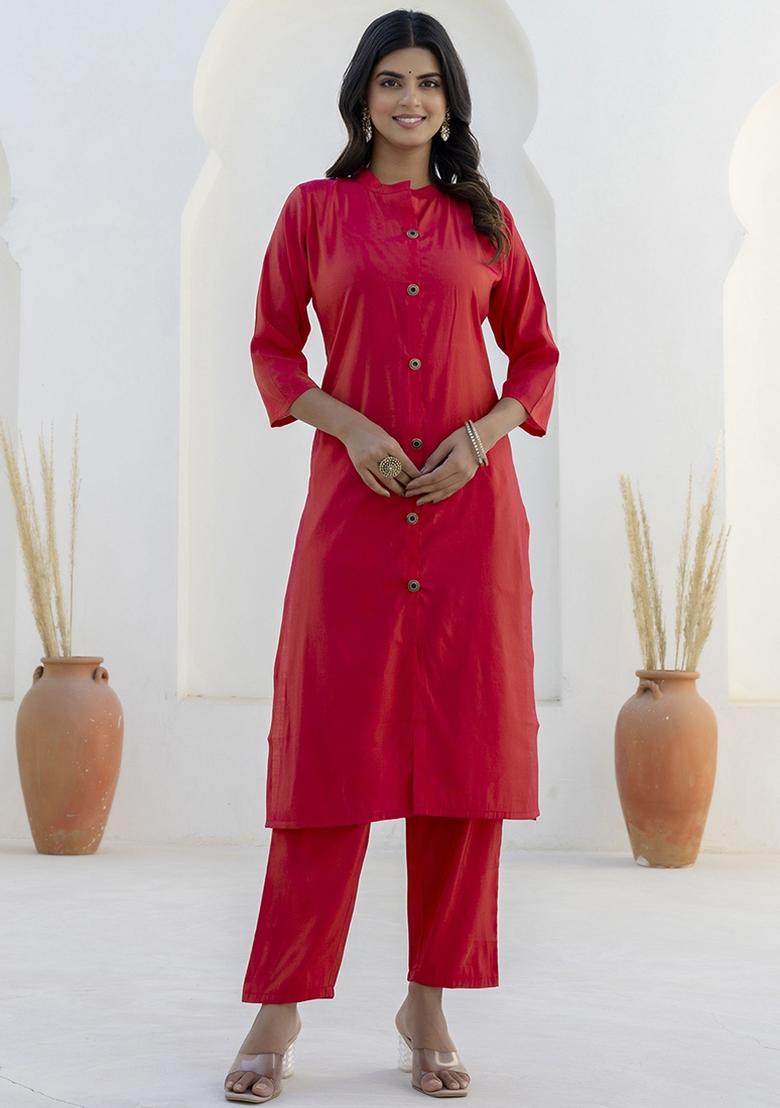 Red Embroidered Shimmer Silk Kurta Set With Dupatta - Indya