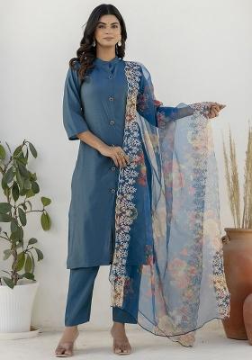Navy Blue Embroidered Shimmer Silk Kurta Set With Dupatta