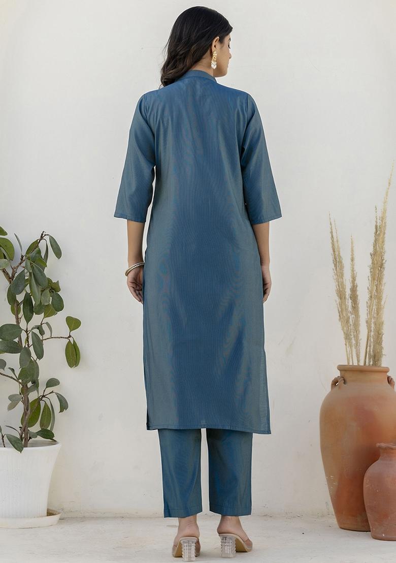 Navy Blue Embroidered Shimmer Silk Kurta Set With Dupatta - Indya