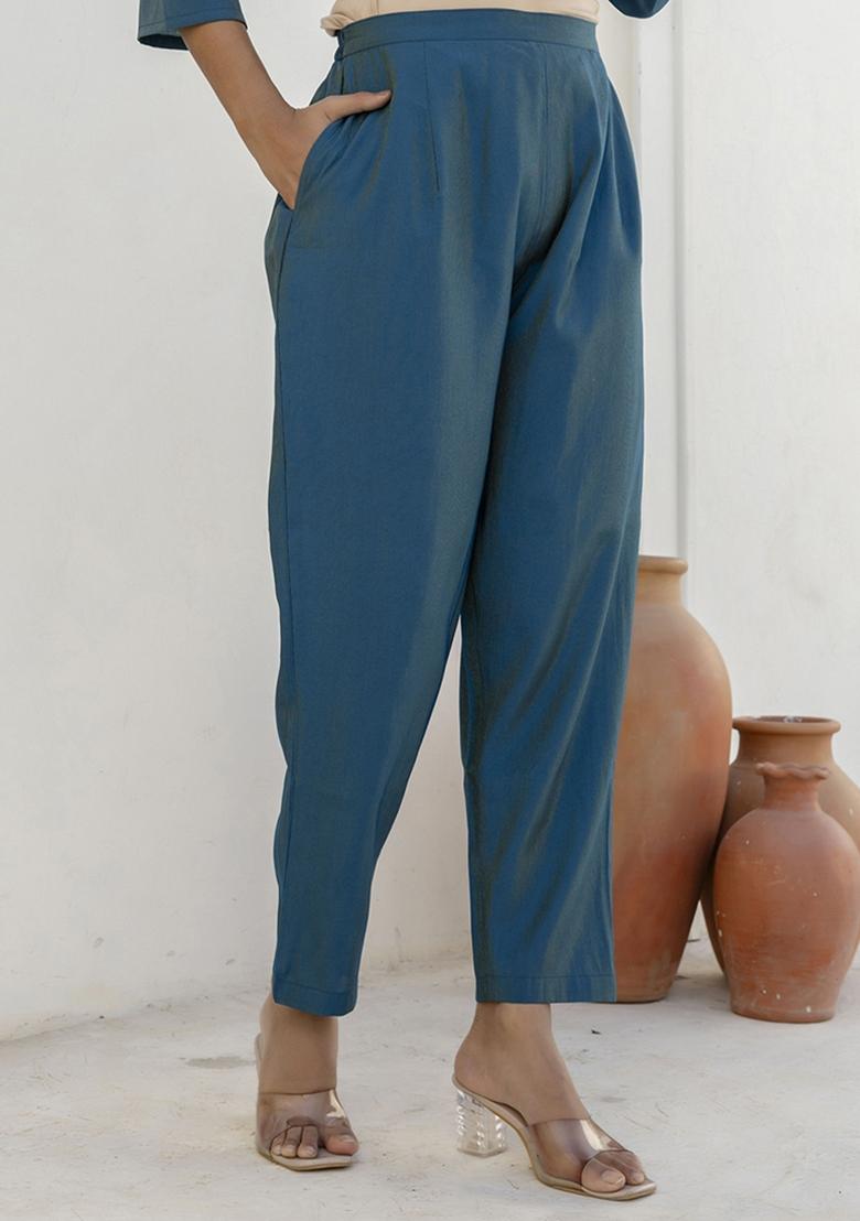 Navy Blue Embroidered Shimmer Silk Kurta Set With Dupatta - Indya