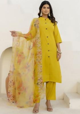 Yellow Embroidered Shimmer Silk Kurta Set With Dupatta