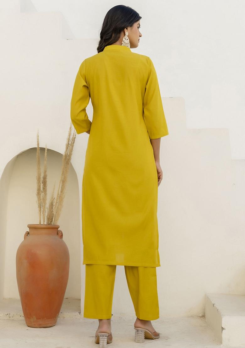 Yellow Embroidered Shimmer Silk Kurta Set With Dupatta - Indya