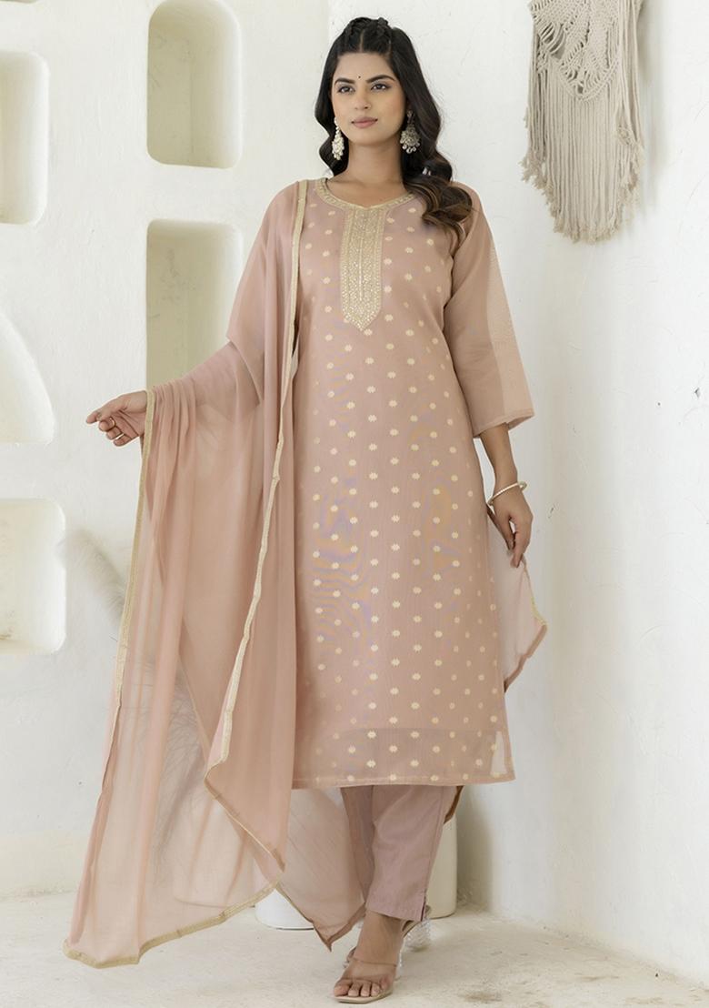 Peach Embroidered Chanderi Silk Kurta Set With Dupatta - Indya
