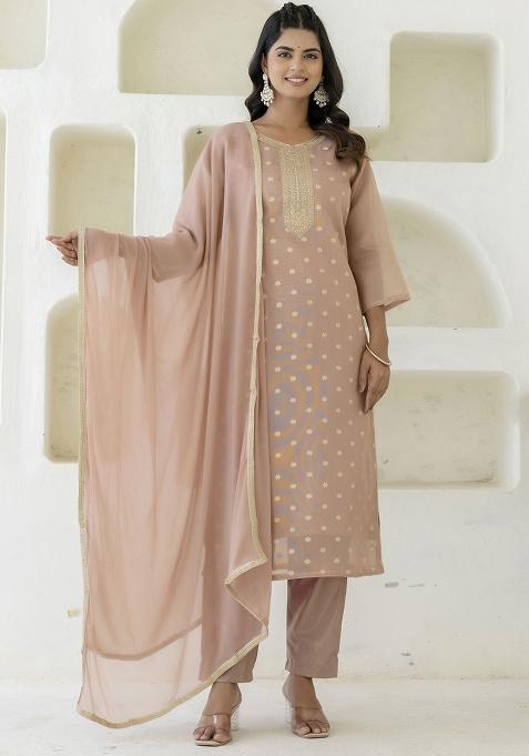 Peach Embroidered Chanderi Silk Kurta Set With Dupatta