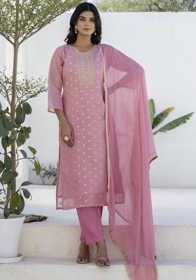Pink Embroidered Chanderi Silk Kurta Set With Dupatta