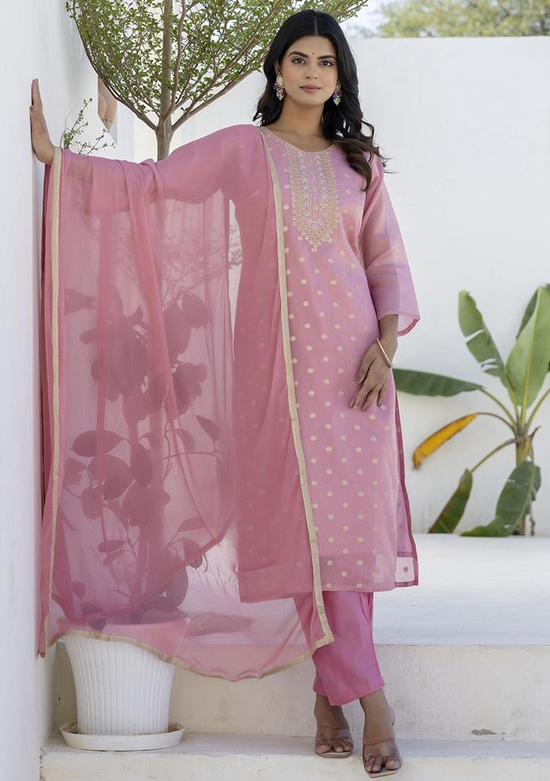 Pink Embroidered Chanderi Silk Kurta Set With Dupatta - Indya