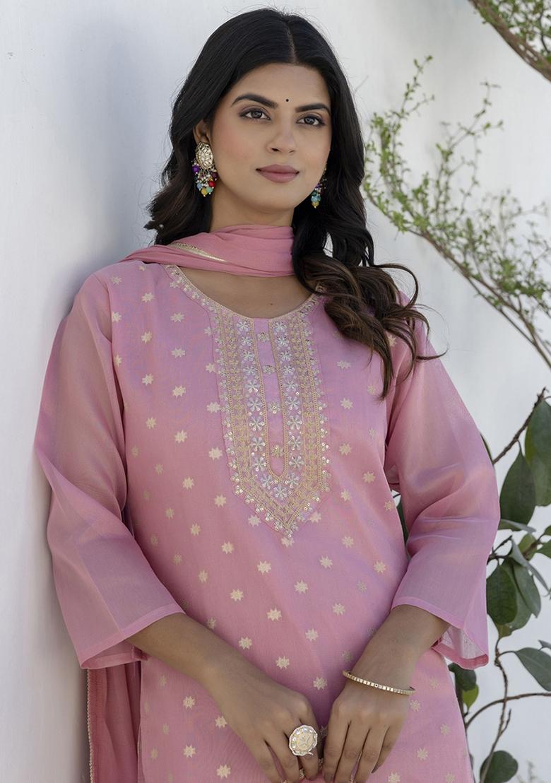 Pink Embroidered Chanderi Silk Kurta Set With Dupatta - Indya