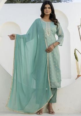 Sea Green Embroidered Chanderi Silk Kurta Set With Dupatta