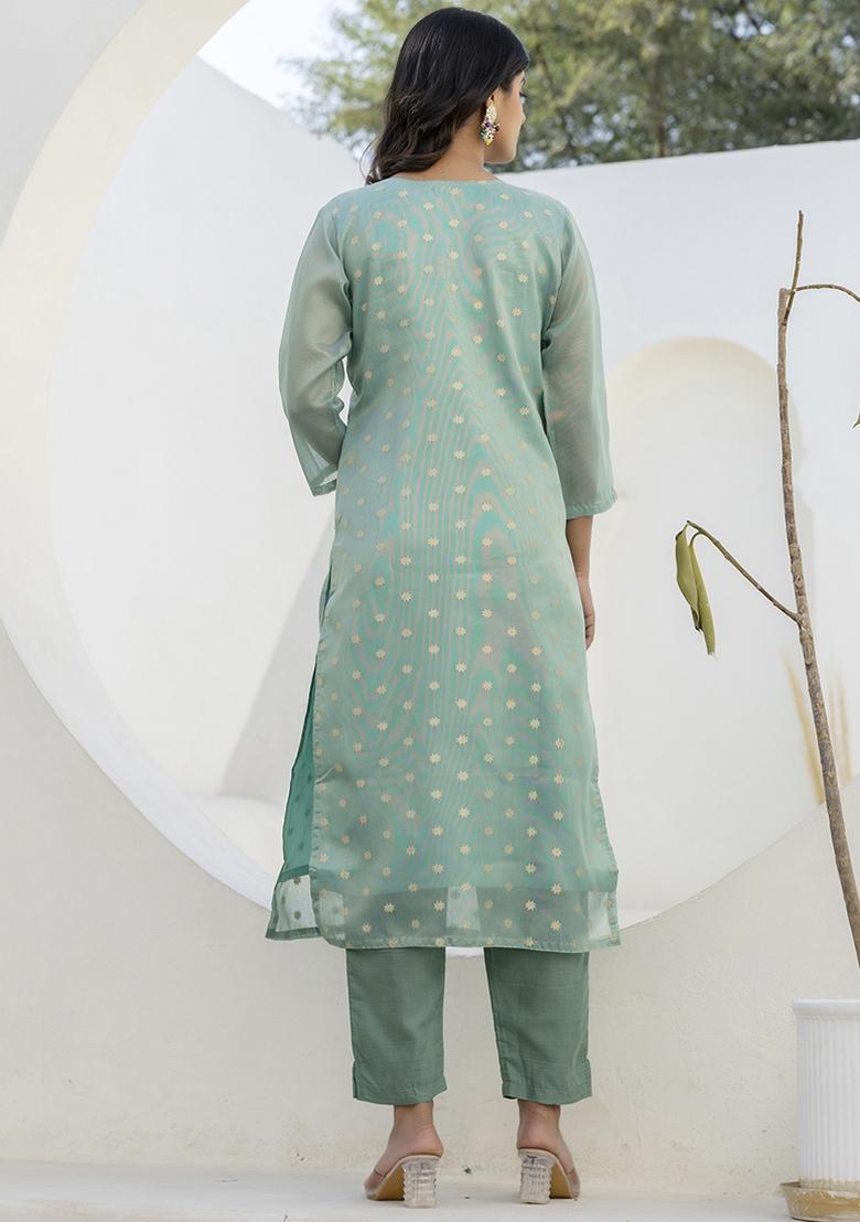 Sea Green Embroidered Chanderi Silk Kurta Set With Dupatta - Indya