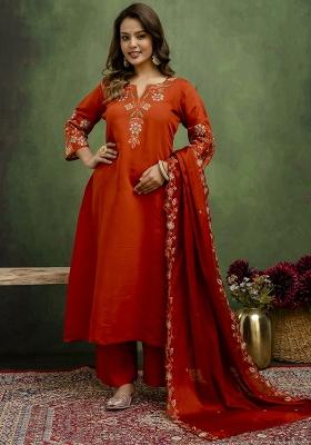 Rust Orange Embroidered Silk Blend Kurta Set With Dupatta