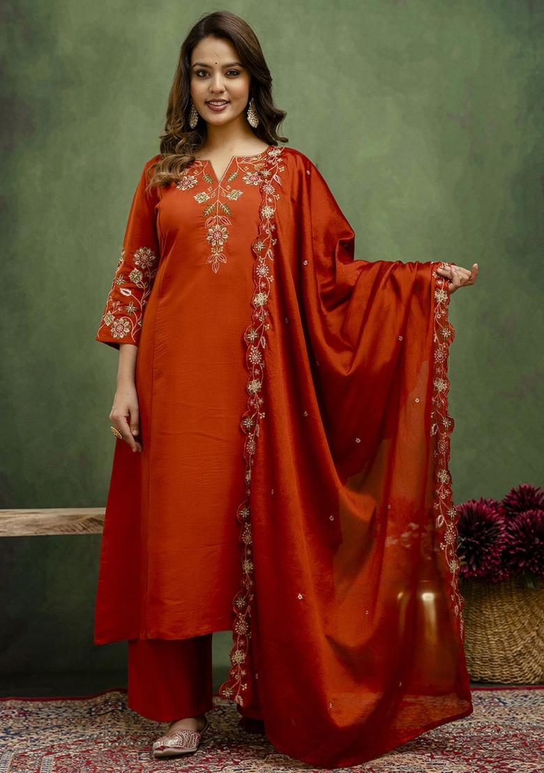 Rust Orange Embroidered Silk Blend Kurta Set With Dupatta - Indya