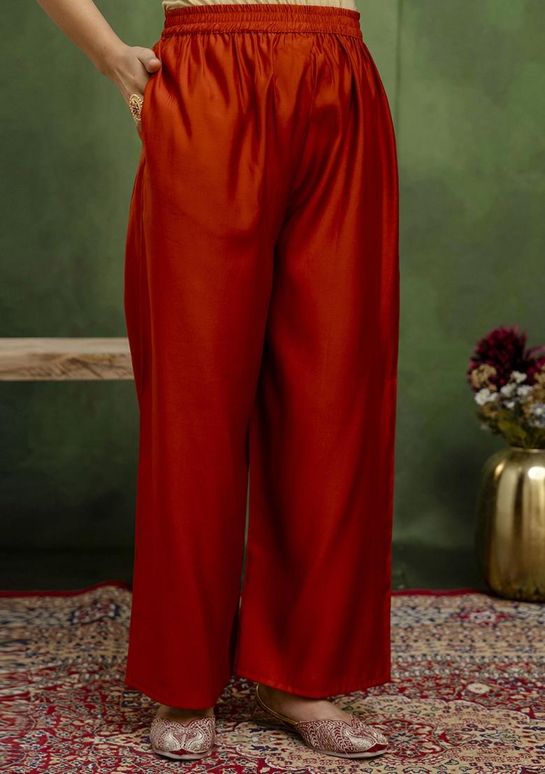 Rust Orange Embroidered Silk Blend Kurta Set With Dupatta - Indya