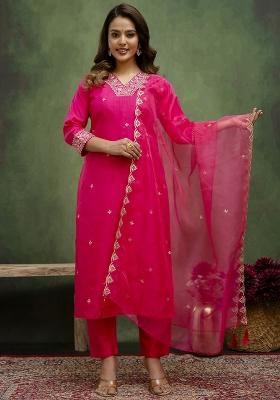 Rani Pink Embroidered Silk Blend Kurta Set With Dupatta