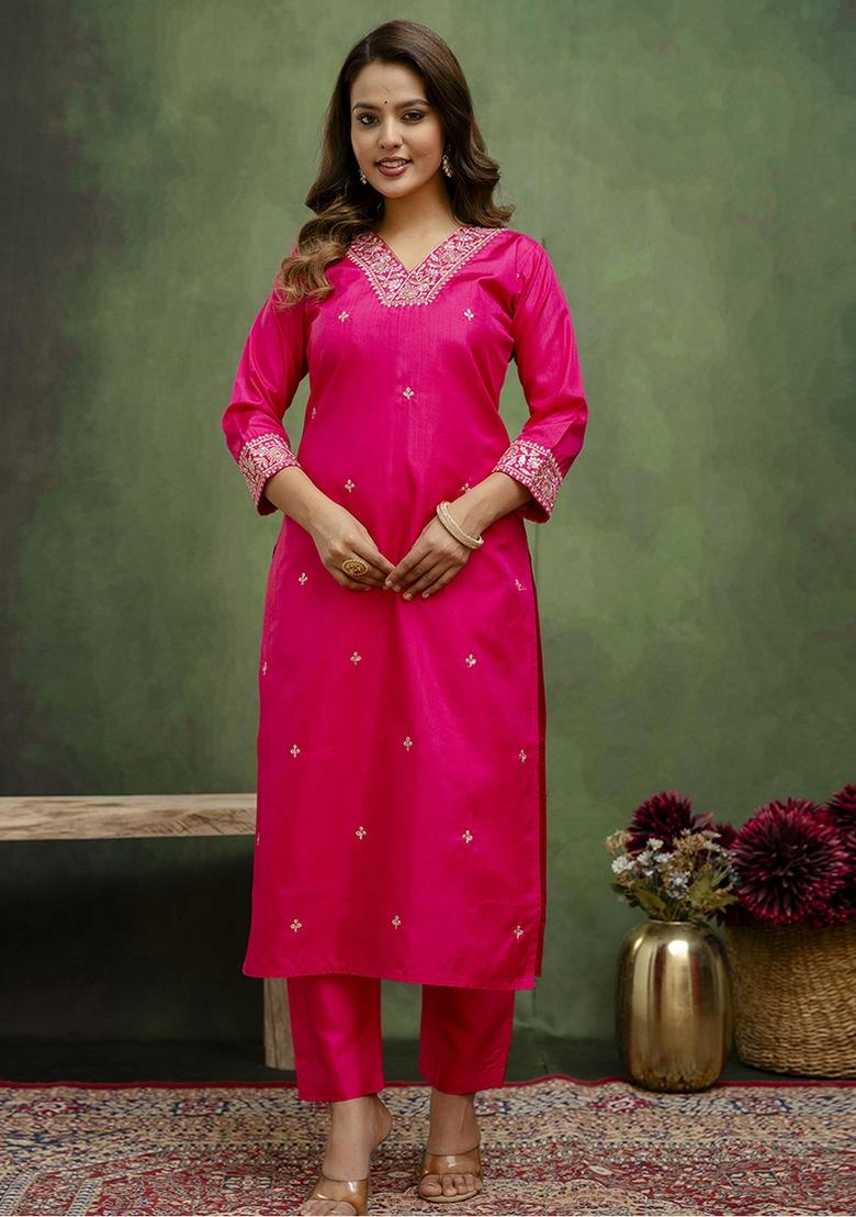 Rani Pink Embroidered Silk Blend Kurta Set With Dupatta - Indya