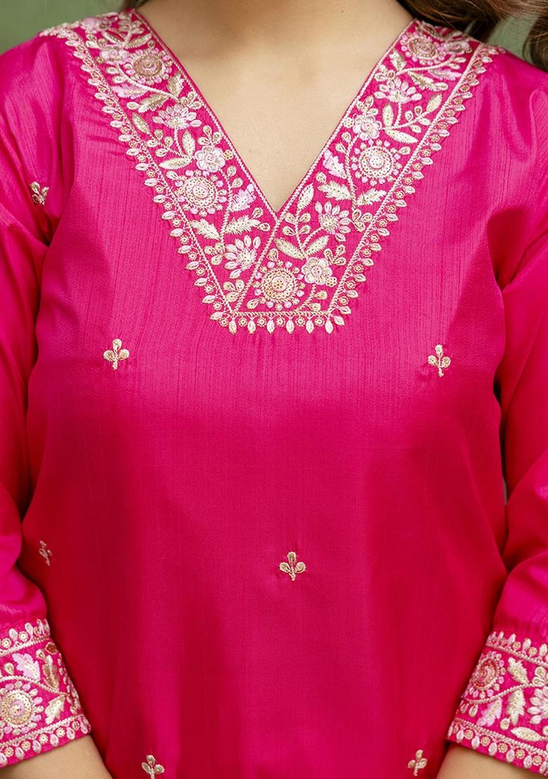 Rani Pink Embroidered Silk Blend Kurta Set With Dupatta - Indya