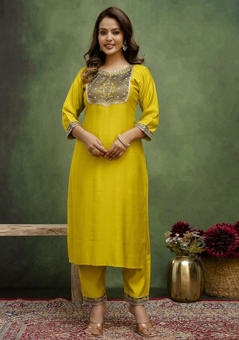 Lime Green Embroidered Silk Blend Kurta Set With Dupatta - Indya