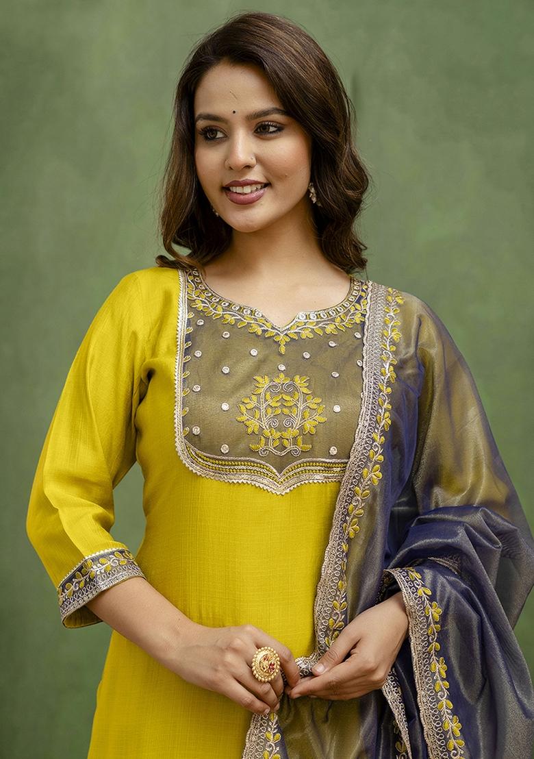 Lime Green Embroidered Silk Blend Kurta Set With Dupatta - Indya
