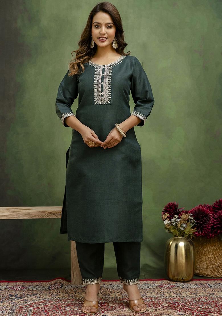 Dark Green Embroidered Cotton Blend Kurta Set With Dupatta