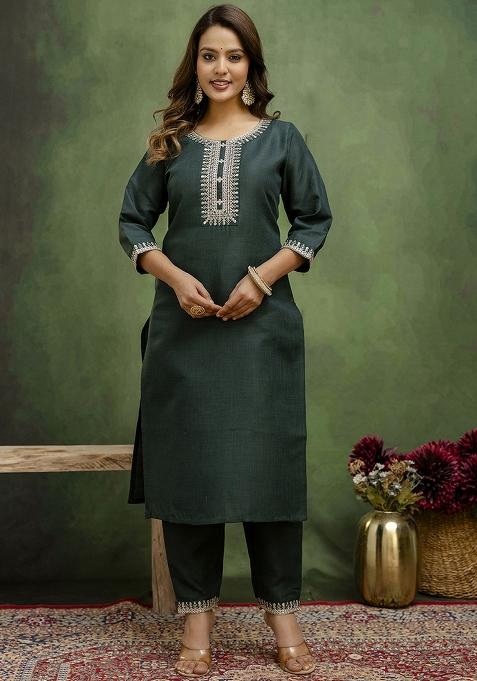 Dark Green Embroidered Cotton Blend Kurta Set With Dupatta