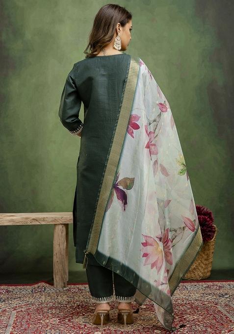 Dark Green Embroidered Cotton Blend Kurta Set With Dupatta
