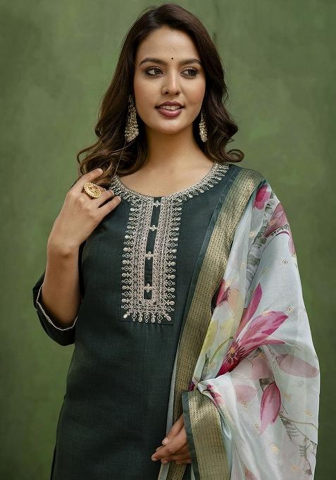 Dark Green Embroidered Cotton Blend Kurta Set With Dupatta