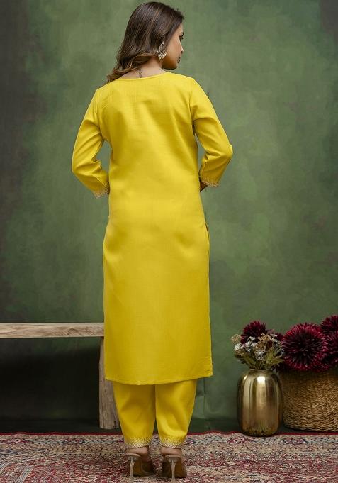 Lime Green Embroidered Cotton Blend Kurta Set With Dupatta