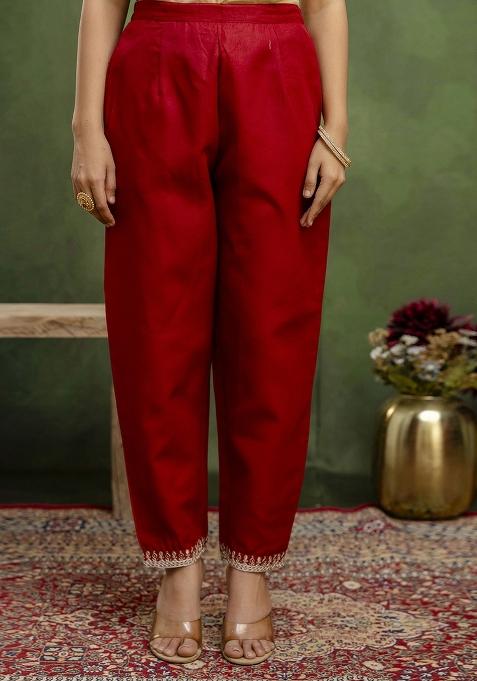 Red Embroidered Cotton Blend Kurta Set With Dupatta