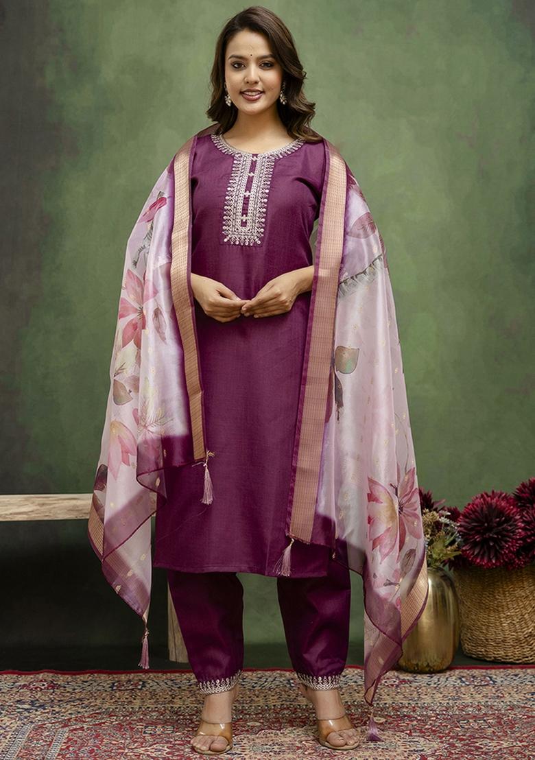 Wine Embroidered Cotton Blend Kurta Set With Dupatta - Indya
