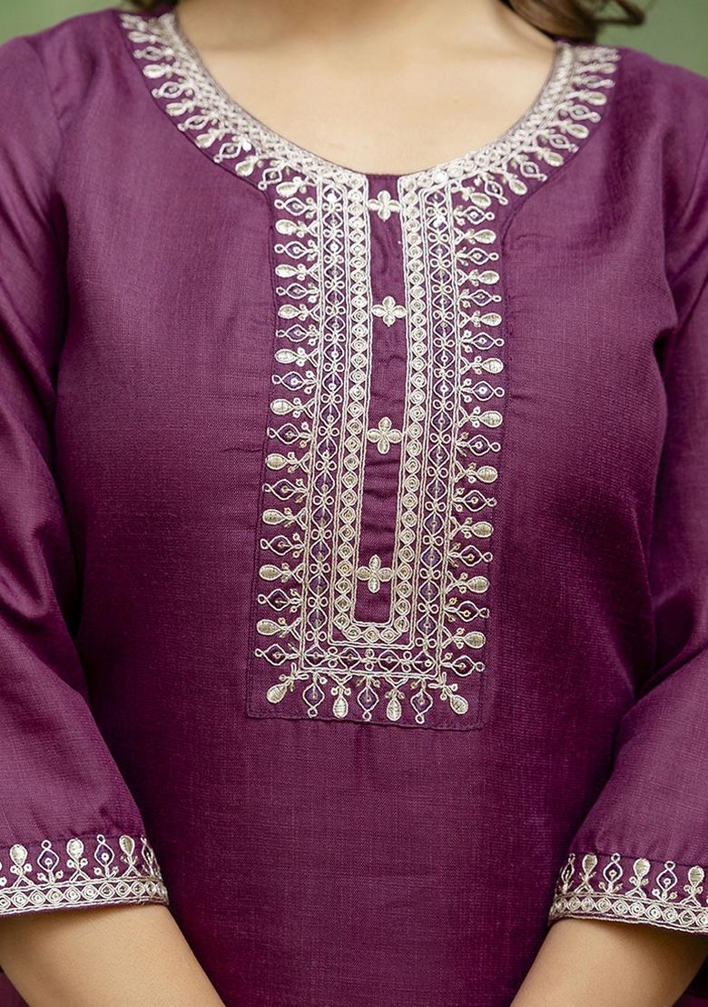 Wine Embroidered Cotton Blend Kurta Set With Dupatta - Indya