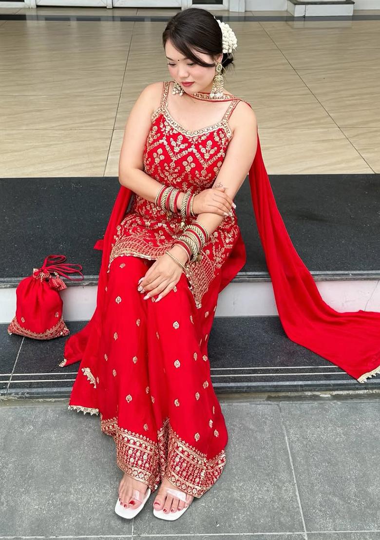 Multicolor Embroidered Faux Georgette Salwar Kameez - Indya