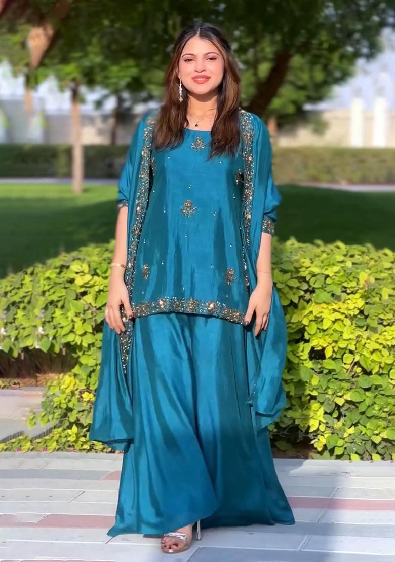 Multicolor Embroidered Crepe Salwar Kameez - Indya