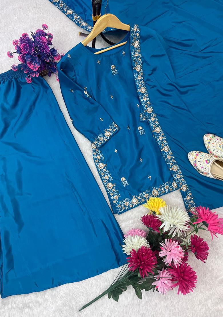 Multicolor Embroidered Crepe Salwar Kameez - Indya