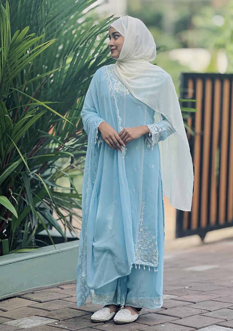 Multicolor Embroidered Faux Georgette Salwar Kameez - Indya