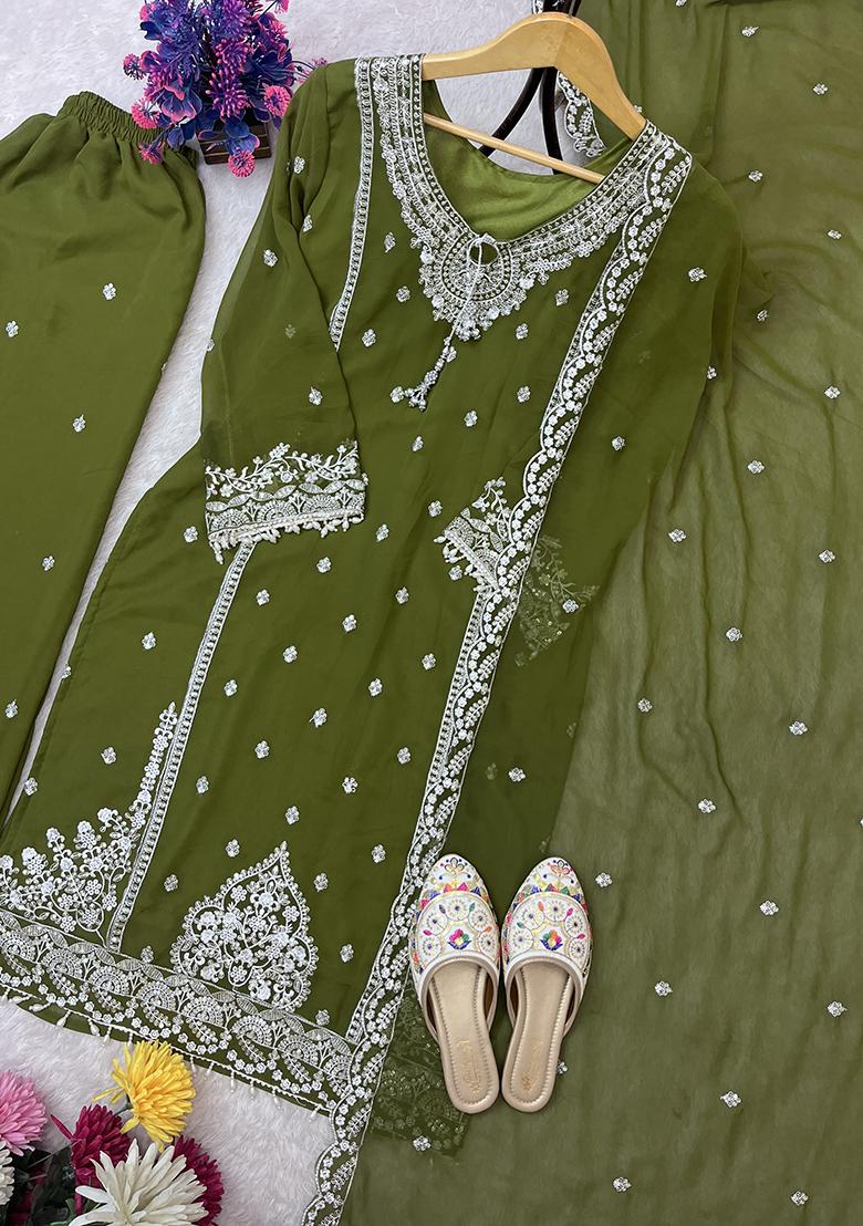 Multicolor Embroidered Faux Georgette Salwar Kameez - Indya